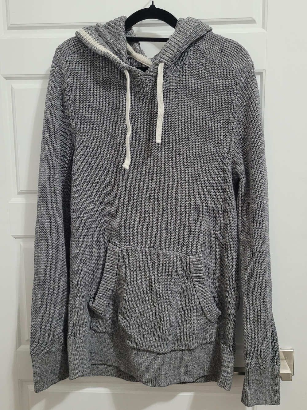 Roots Men's 100% Cotton Gray Knit Hooded Sweater with Cream Drawstrings